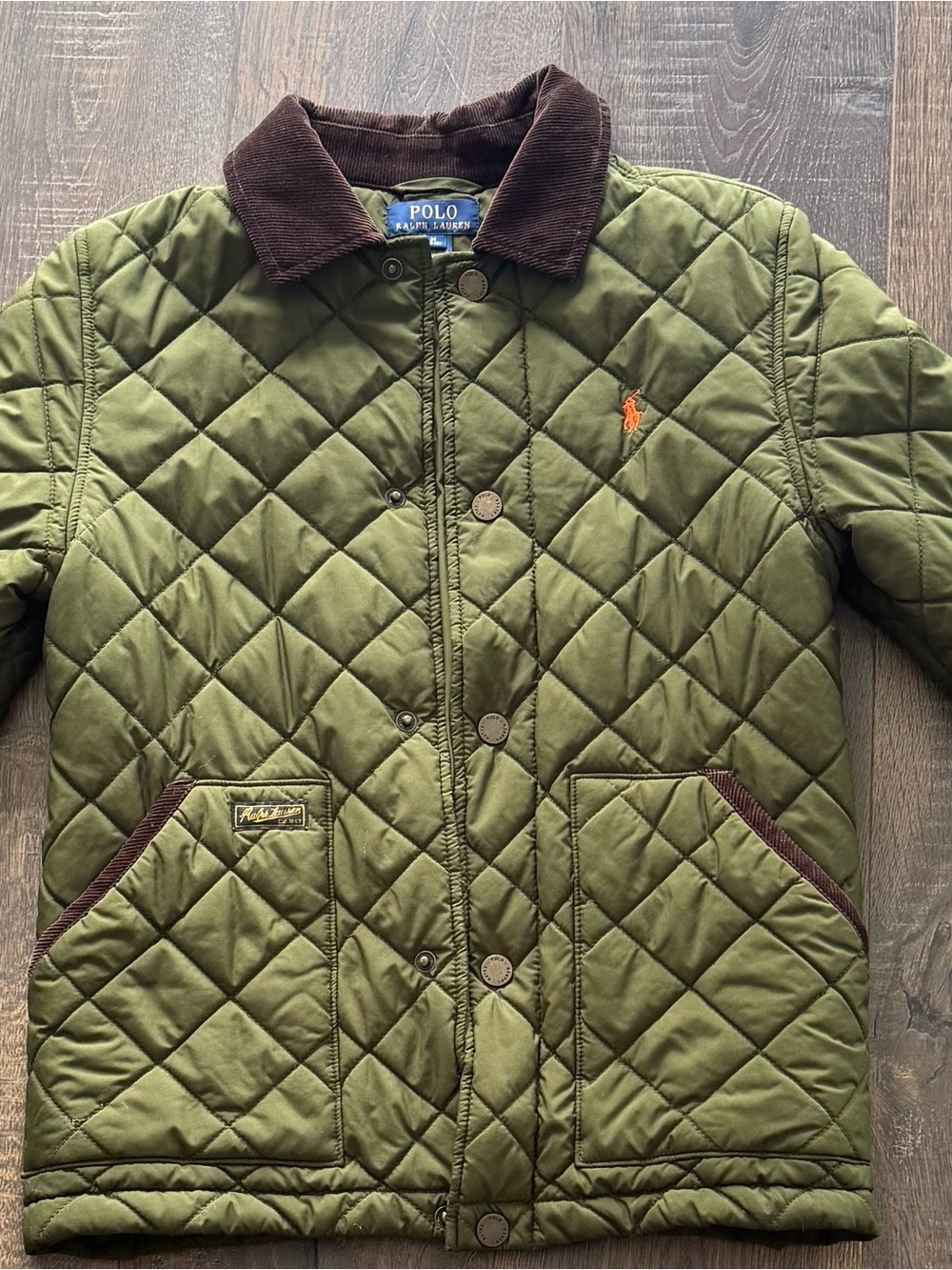 Polo by Ralph Lauren Olive Green Quilted Jacket with Brown Corduroy Collar
